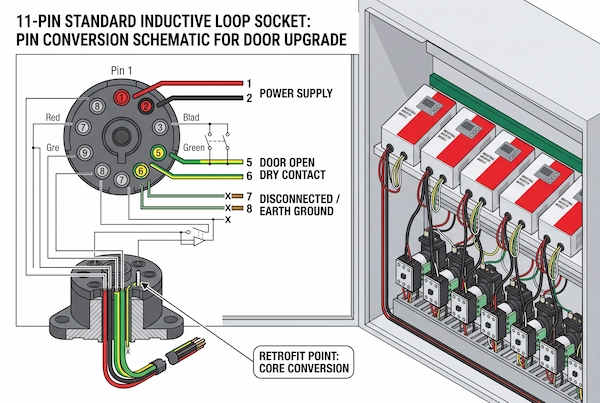 Wiring schematic of 11-pin octal loop detector base converting dry contact relay signals to overhead radar