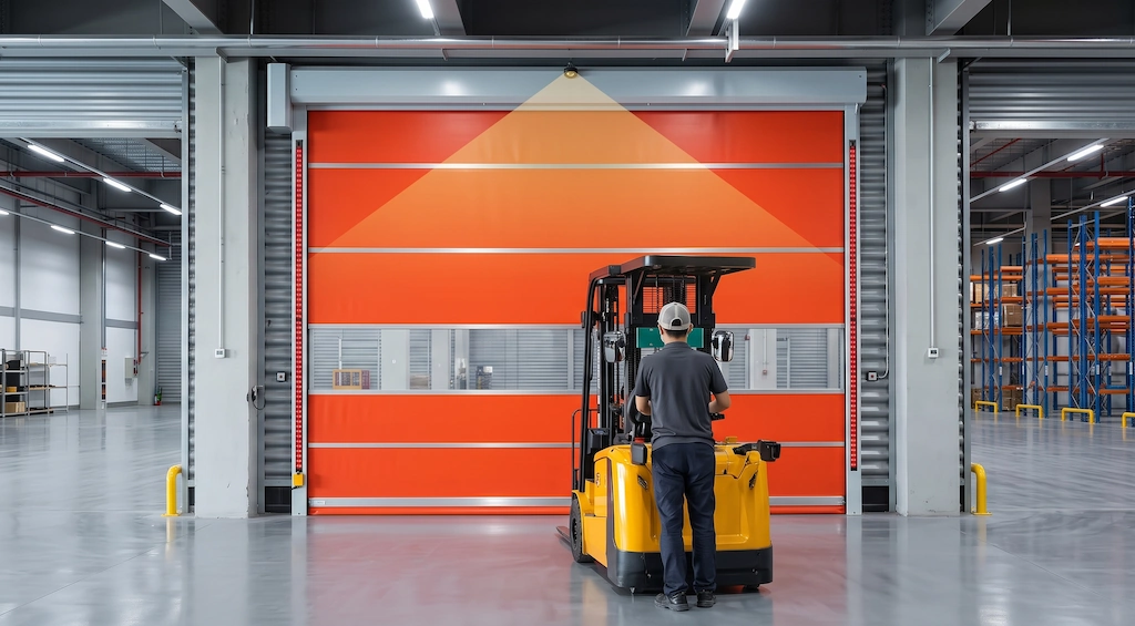 Automatic gate collision prevention using overhead radar and vertical safety light curtains on a high-speed industrial door