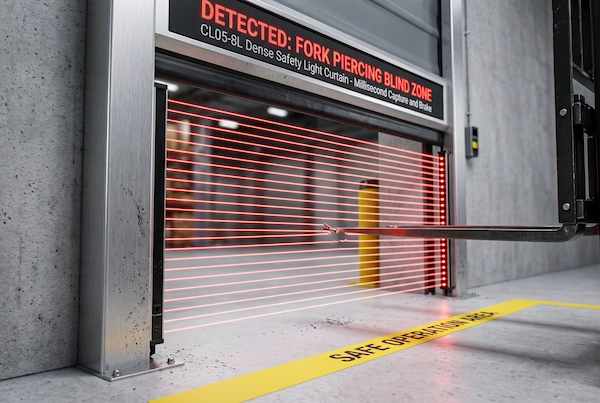 CL05-8L safety light curtain detecting elevated forklift tines to prevent high-speed door bottom-beam impacts