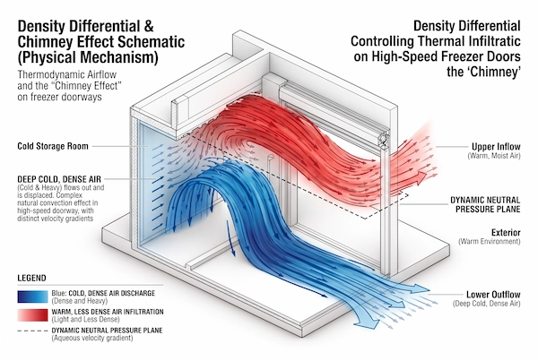Diagram of buoyancy-driven thermal air exchange and stack effect convection at an open freezer door