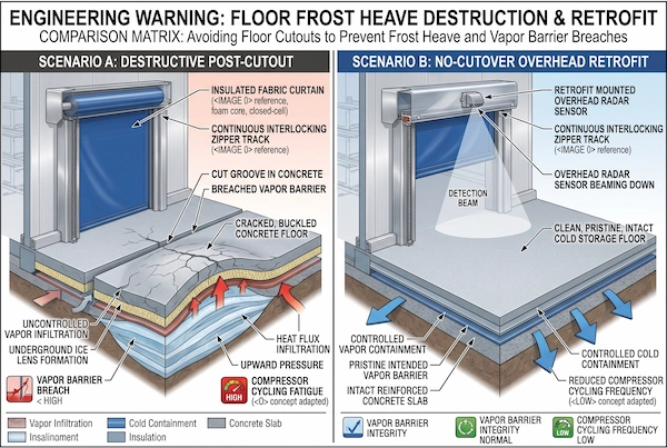 Cross-section showing cold storage floor frost heave caused by concrete cuts compared to non-invasive overhead radar