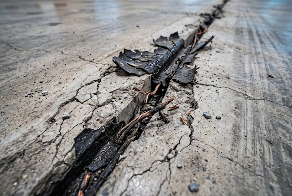 Cracked concrete saw-cut groove and deteriorated sealant exposing broken in-ground loop detector wires