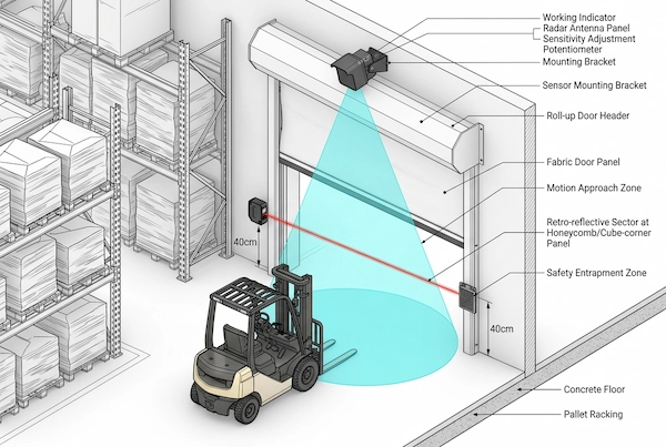 dual protection installation diagram on high-speed fabric door combining overhead radar sensor and retro-reflective safety photocell beam