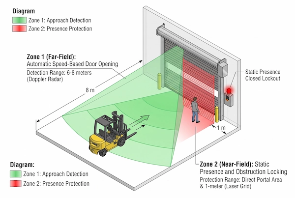 Diagram of dual-zone motion sensing architecture showing Zone 1 far-field radar and Zone 2 static door-line presence zone