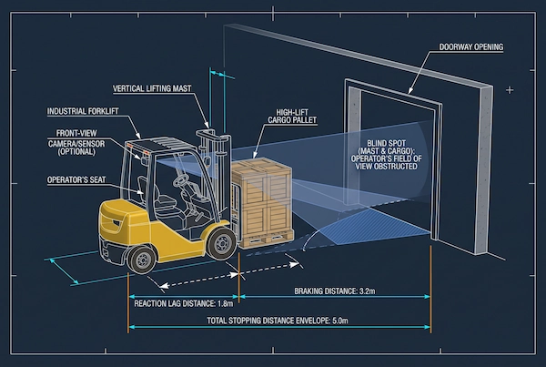 Technical diagram illustrating forklift kinetic stopping distance and mast-blocked forward blind spot geometry