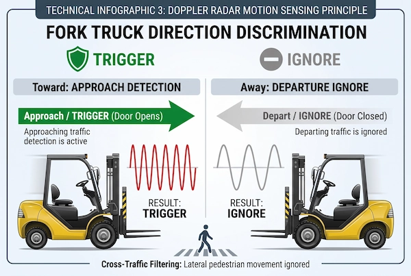 Doppler radar directional motion detection distinguishing toward approach from departing traffic