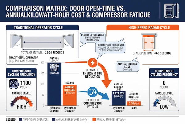 Comparison chart of open-door duration versus annual compressor power consumption and energy costs