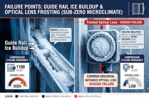 Heavy frost accumulation inside freezer door guide tracks and frozen condensation covering optical sensor lens