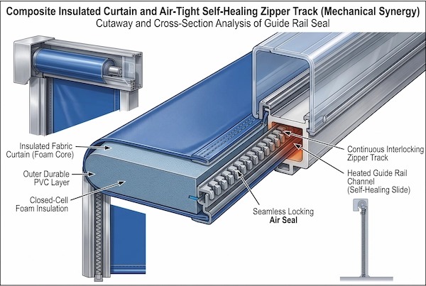 Close-up of insulated composite fabric curtain with self-repairing airtight zipper seal inside freezer door track