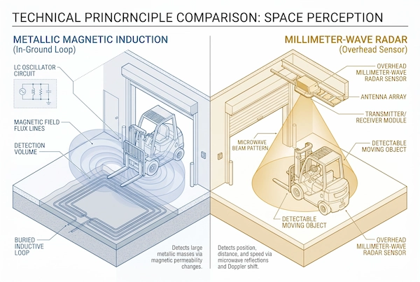 Diagram comparing magnetic field inductive loop detection and overhead 24GHz microwave radar Doppler shift vector