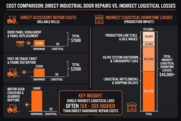 Infographic breaking down direct repair costs and indirect downtime losses from industrial door forklift collisions