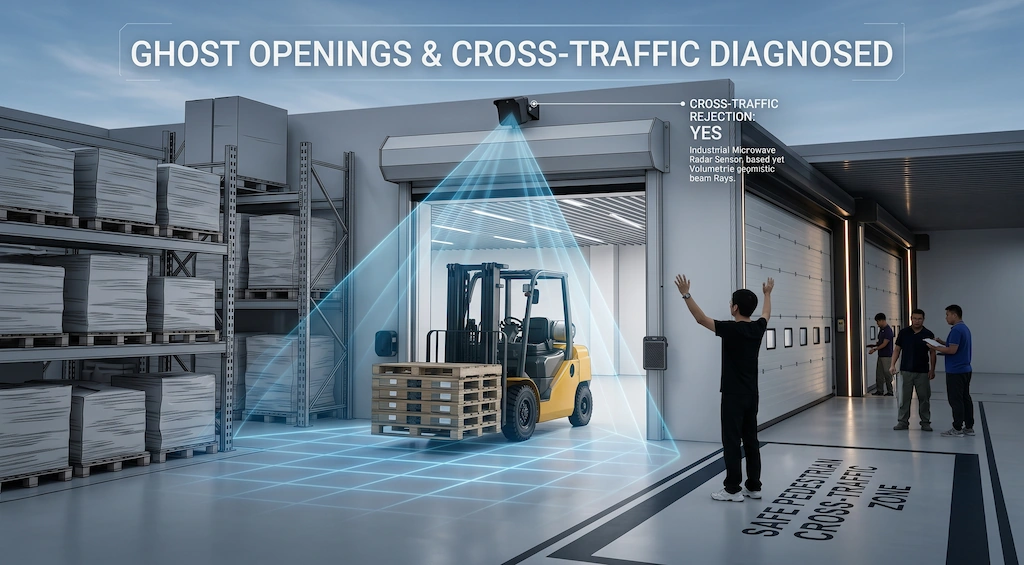overhead radar sensor controlling industrial high-speed door opening for forklifts while preventing ghost opening cycles in warehouse