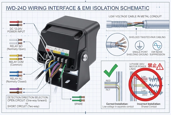 technical wiring diagram of IWD-24D industrial door radar sensor dry contact relay terminals and shielded cable routing