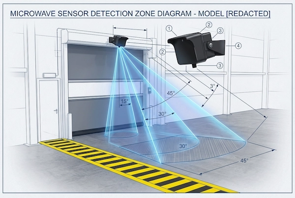technical diagram of industrial door microwave radar pitch angle calibration showing 15 30 45 degree beam projection and pedestrian lane avoidance