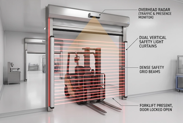 Integrated overhead radar motion opening with vertical safety light curtain for stationary vehicle entrapment protection