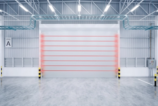Multi-beam safety light curtain installed on fast roller shutter door tracks for entrapment protection