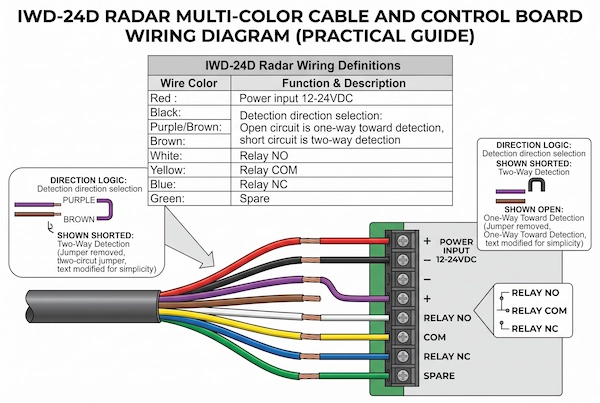 Wiring diagram of IWD-24D radar sensor connecting to industrial roll-up door control boardImage Caption