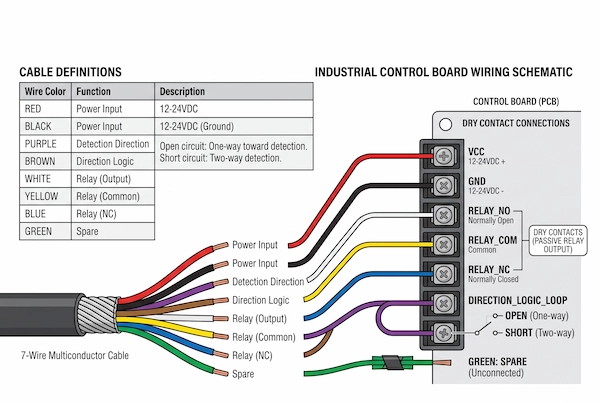 Wiring diagram of IWD-24D radar sensor connecting to industrial roll-up door control board
