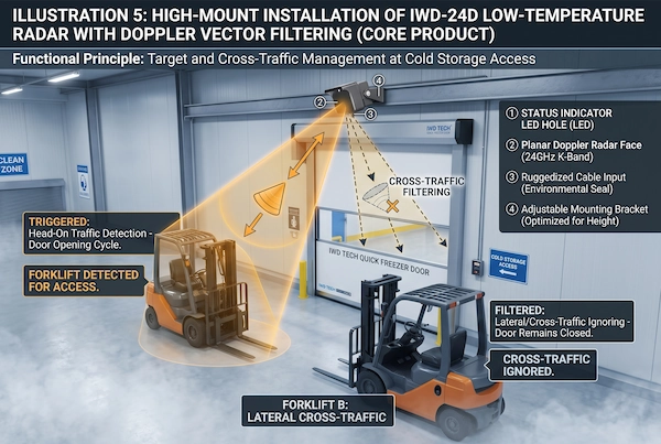IWD-24D 24GHz directional microwave radar ignoring cross-traffic at an industrial cold storage doorway