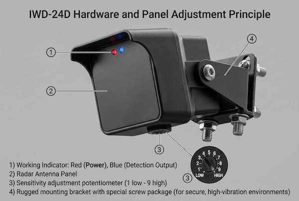 IWD-24D vehicle separation radar structure showing sensitivity adjustment potentiometer