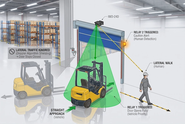 IWD-24D 24GHz radar sensor distinguishing vehicles from pedestrians and rejecting cross-traffic at warehouse gate