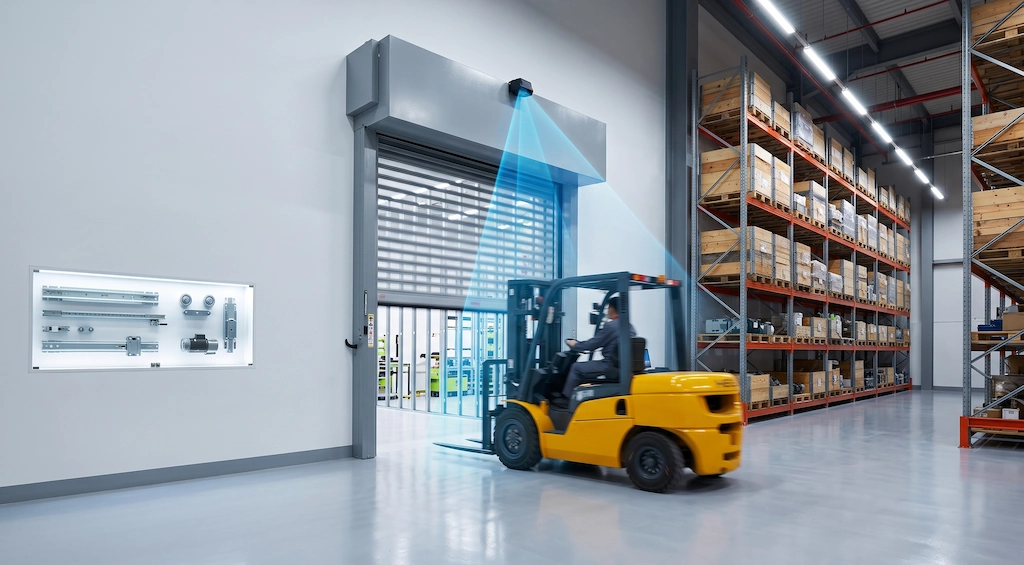 Automated industrial high-speed door opening for forklift traffic using overhead radar motion sensor
