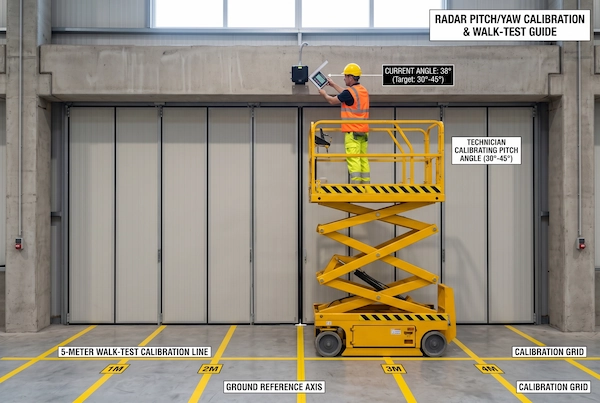 Maintenance technician calibrating radar sensor pitch angle on a scissor lift with doorway walk-test markings