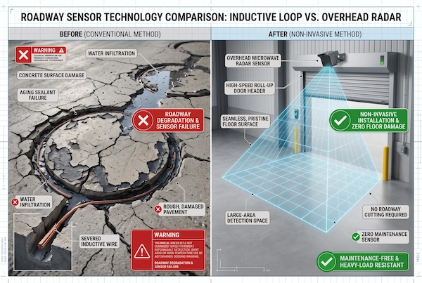 before and after comparison of damaged in-ground inductive wire loop vs non-invasive overhead radar retrofit on warehouse door
