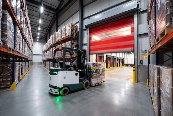 Forklift approaching high-speed roll-up door in busy warehouse loading corridor